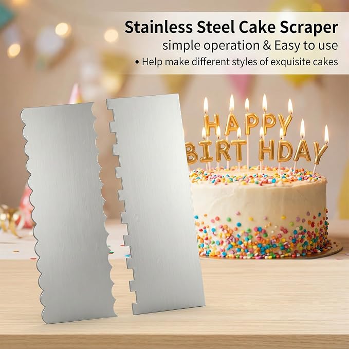 Cake Scraper Smoother 2Pieces Metal Cake Scraper 8.7 in Cake-Smoother for Icing Stainless Steel Cakes Comb Double Sided Patterned Edge Stripe Edge Smoother Scrape Pastry Cutter for Mousse Butter Cream