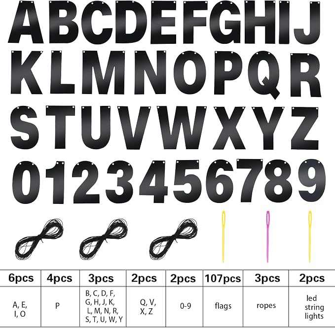 TaoBary 112 Pcs DIY Letter Kit Glitter Customizable Banner Letters Include 107 Letters and Numbers 3 Rope and 2 Needles for Birthday Halloween Christmas Wedding Valentine Party Decor(Bright Black)
