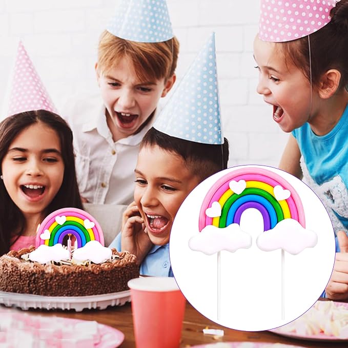 Rainbow Cake Topper - Soft Pottery Heart Cloud Decorations, Colorful Cupcake Topper, Personalized Reusable Happy Birthday Party Supplies