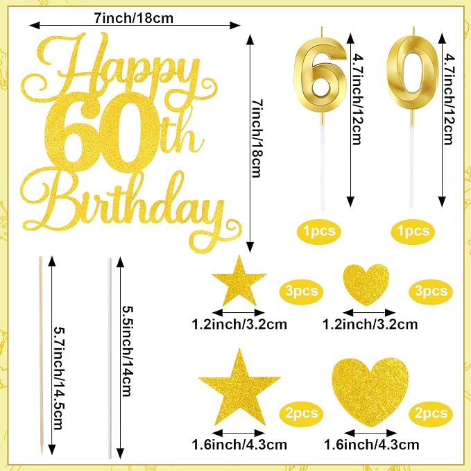 Happy 60th Birthday Cake Topper for 60th Birthday Decorations Numeral 60 Candle with Glitter Heart Cupcake Picks Set for Men Women Hello 60 Birthday Anniversary Party Cake Decor Supplies（GOLD）