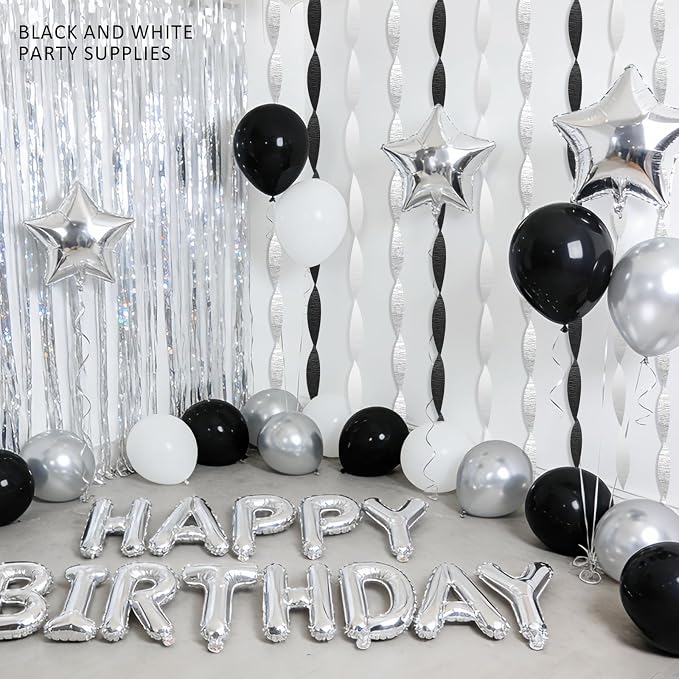 Black Silver White Crepe Paper Streamers - 6 Rolls Party Streamer Decorations for Graduation 2026, New Year's Eve, Birthday, Wedding, Retirement Party Supplies - Silver & Black Hanging Backdrop Decor