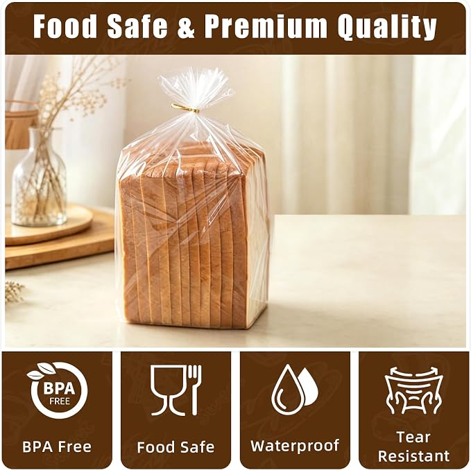 Homrelaxy 75Pcs Plastic Bread Bags for Homemade Bread and 90 Ties, 18 x 8 x 4 Inch Reusable Clear Loaf Bags, Adjustable, Perfect for Home Bakers and Bakeries