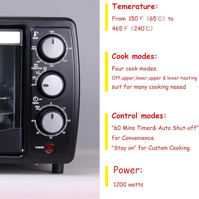 GT12 Black Countertop Toaster Oven, 12L Compact Small Oven, 1200W, Fits 4 Slices, 4 Cooking Modes, 60-Min Timer & Adjustable Temperature, For Toast, Bake & Broil, Ideal for Apartment & Dorm