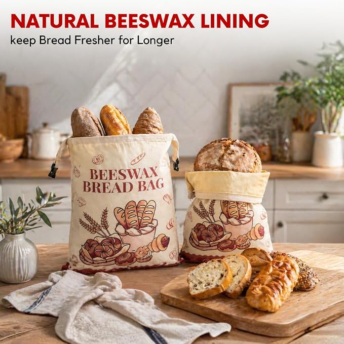 Bread Bags for Homemade Bread - 2 Pack XL Reusable Organic Beeswax Linen Cotton Sourdough Bread Bag, Eco-Friendly Bread Storage Bags with Sealing Zip to Keep Fresh, Perfect for Artisan & Bakery Bread