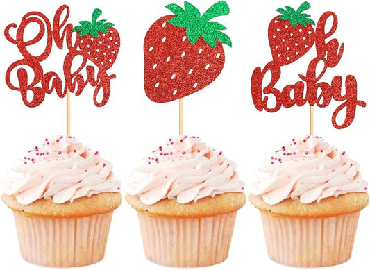 24 Pack Strawberry Oh Baby Cupcake Toppers Glitter Red Strawberries Cupcake Picks for Strawberry Baby Gender Reveal Kids Boys Girls Birthday Party Cake Decoration Supplies
