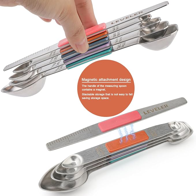 Magnetic Measuring Spoons Set Stainless Steel Double Sided Measuring Spoons with 1 Leveler Measuring Teaspoon Tablespoon for Dry and Liquid Ingredients (5, Multicolor)