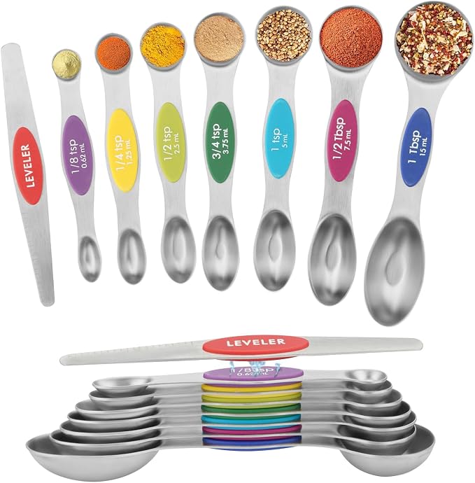 Set of 8 Stainless Steel Magnetic Measuring Spoons Set with Leveler,Dual Sided Stackable Steel Metal Teaspoons for Baking & Cooking Kicchen Accessories (Color)