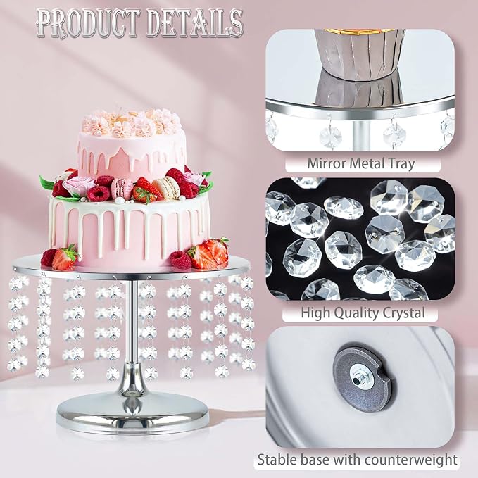 2 Pcs Silver Metal Mirror Cake Stand Set with Crystal Pendants - 11.8"W Elegant Dessert Table Display for Weddings, Birthday Parties, Baby Showers, Events - Sturdy Crystal Bling Cupcake Stands for Pastries, Sweets, Decorations