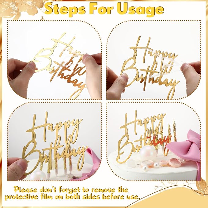 Barydat 24 Pieces Gold Happy Birthday Cake Toppers Mirror Acrylic Cupcake Topper Happy Birthday Sign for Cake Side Cupcake Decorations, 6 Styles