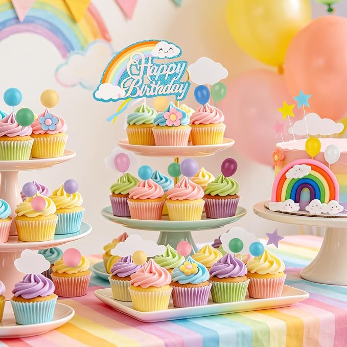 Hooqict 37PCS Rainbow Cake Topper with Daisy Flower Pastel Balls Boho Rainbow Cake Decorations for Wedding Girls Boys Groovy Hippie Birthday Party Decorations Supplies