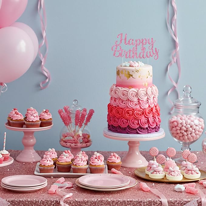 BEISHIDA Pink happy birthday Cake Topper, Happy Birthday Cake Bunting Decor,Birthday Party Decoration Supplies，Photo Booth Props
