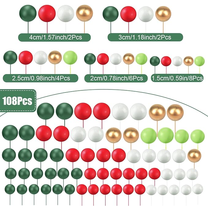 108 Pcs Balls Cake Topper DIY Cupcake Insert Foam Balloons for Cake Baking Wedding Anniversary Birthday Decoration(Various Green, Red, Gold, White,Multi Sizes)