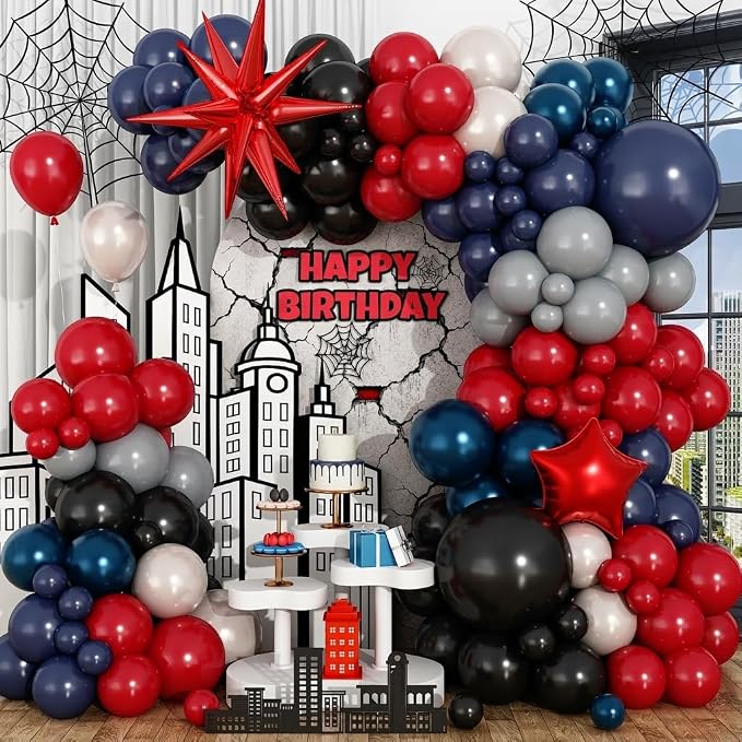 Black Red Blue Balloon Arch Garland Kit, Spider Themed 4th of July Patriotic Balloons Double Stuff Red Navy Blue Black Gray Pearl White Balloon for Kids Boys Baby Shower Birthday Party Decorations