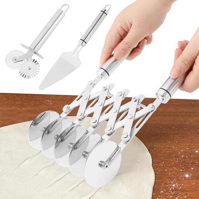 5 Wheel Pastry Cutter, Stainless Steel Dough Divider with Handle, Expandable Dough Cutter Wheel with Handle, Multi-Round Pastry Knife, Pizza Cutter Roller and Pie Server(Silver)