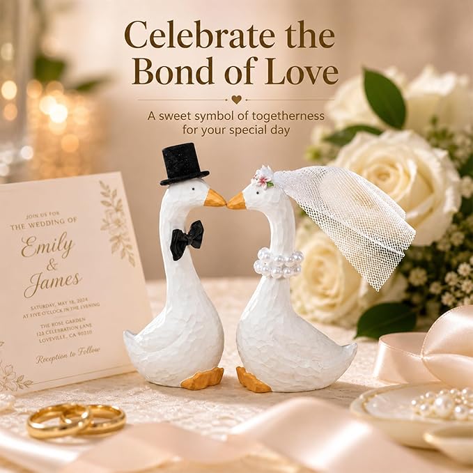 Silly Goose Wedding Cake Topper, Funny Bride and Groom Goose Decorations, Heart-Shaped Neck Couple Figurines for Wedding Cake, Engagement, Anniversary, Bridal Shower Decor