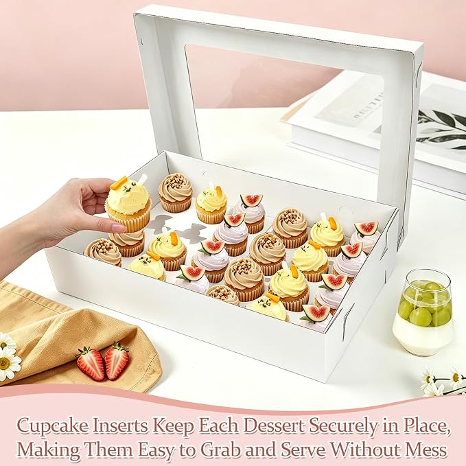 4 Pack Sturdy Corrugated Cupcake Boxes with Window for 24 Standard or Mini Cupcakes, 17.7x11.8x4 Inch Bakery Boxes for Cakes, Cookies, Donuts, Muffins and Pastries