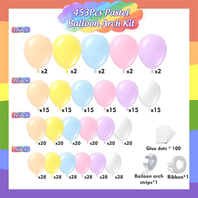 453Pcs Pastel Balloon Arch Kit, 7 Macaron Assorted Colors Balloon Garland Kit, Different Size Spring Colorful Balloon for Spring Easter Birthday Baby Shower Gender Reveal Rainbow Party Decor