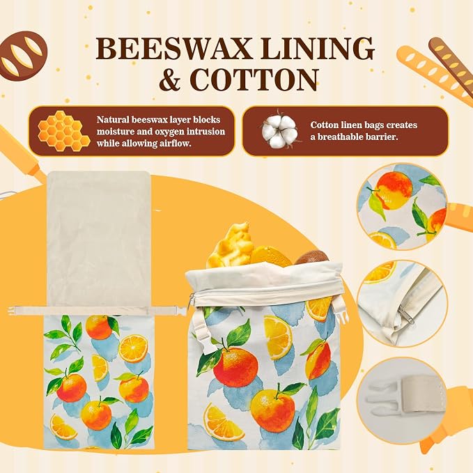 Beeswax Bread Bags for Sourdough 2 Pack 13"x17" Eco-Friendly Reusable Linen Cotton Storage Bags with Zipper Closure for Homemade Bread Fresh-Keeping, Freezer-Safe (Orange)
