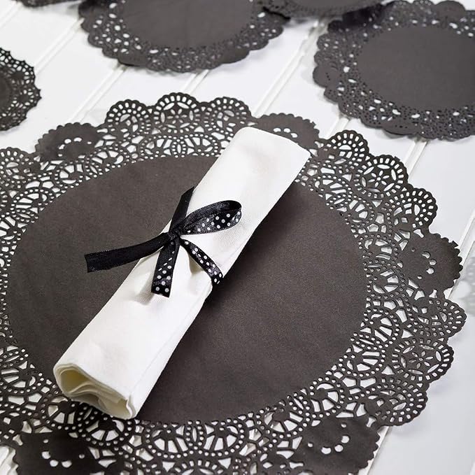 Restaurantware Pastry Tek 12 x 12 Inch Lace Doilies 100 Decorative Tableware Placemats - Disposable Round Black Paper Table Doilies For Birthdays Or Weddings Table Decor