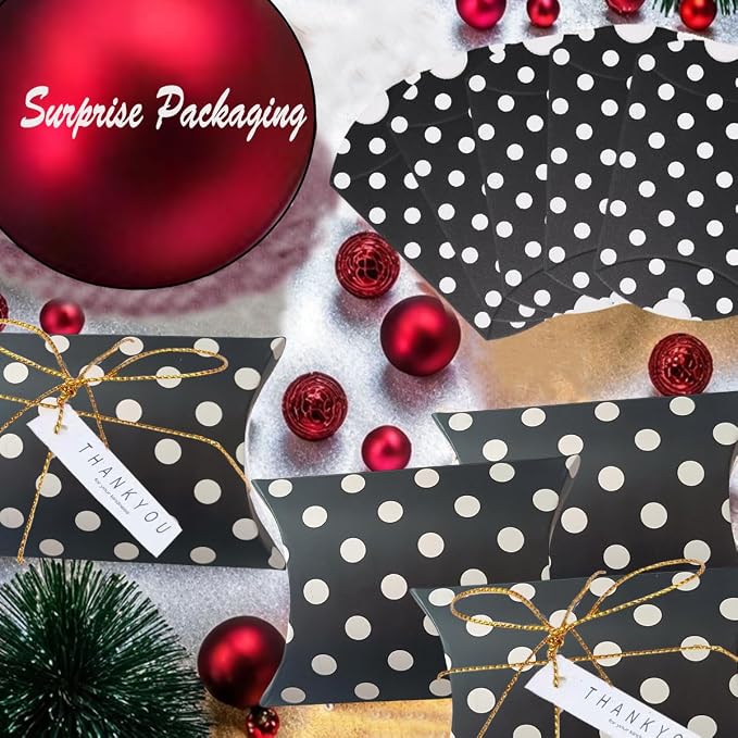 50 Pcs Kraft Paper Pillow Gift Boxes,3.5x2.6 Inch Mini Folding Treat Boxes, Creative Favor Box Folding Treat Boxes for Bakery, Candy, Jewelry, Wedding & Party Favors(Black dots)