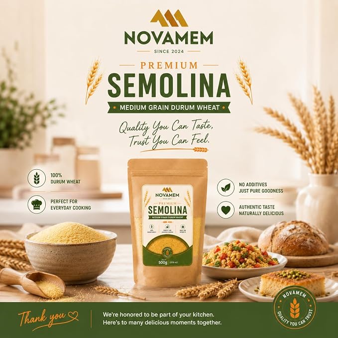 Premium Semolina Flour, Authentic Turkish Durum Wheat for Pasta, Couscous, Baking & Traditional Desserts, Freshness-Sealed Pouch, 500g (17.6 oz)