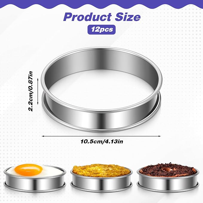 12 Pcs Cookie Rings for Baking 4 Inch, Silver Stainless Steel Double Rolled Baking Rings, 4.13 x 0.87 Inch Nonstick Muffin Tart Ring Molds for Home Baking