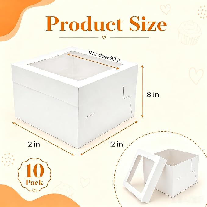 NPLUX Cake Boxes 12 Inch, 10 Pack 12x12x8 Cake Box with Window, White Cake Boxes with Separate Lid for Cakes, Pastries, Cookies, Bakery Orders and Gifting, Graduation Gifts Party Favors