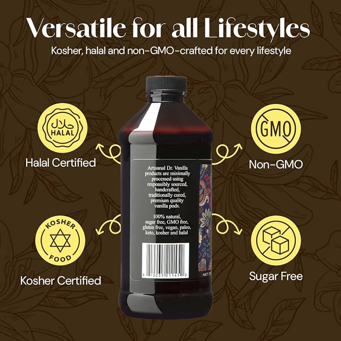 Organic Vanilla Alcohol‑Free Flavor, 16 fl oz - Madagascar Bourbon vanilla, 100% natural, sugar‑free, GMO‑free, gluten‑free, vegan, paleo, keto, kosher, and halal