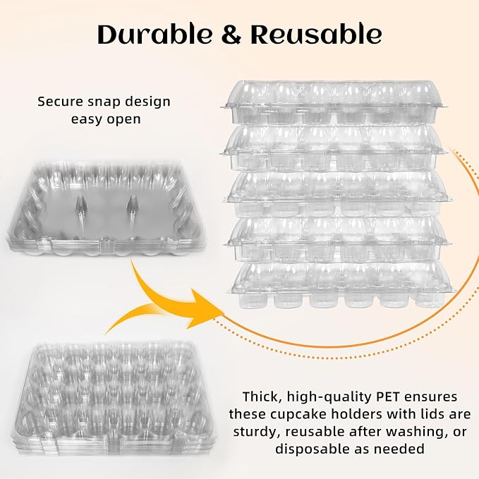 WIKDAY (24 Count x 20 Sets Plastic Cupcake Containers with Liners, Clear Cupcake Holder with Lids, Disposable Cupcake Carrier for Bakery, Cupcake Storage Box for Parties, Bake Sale Packaging