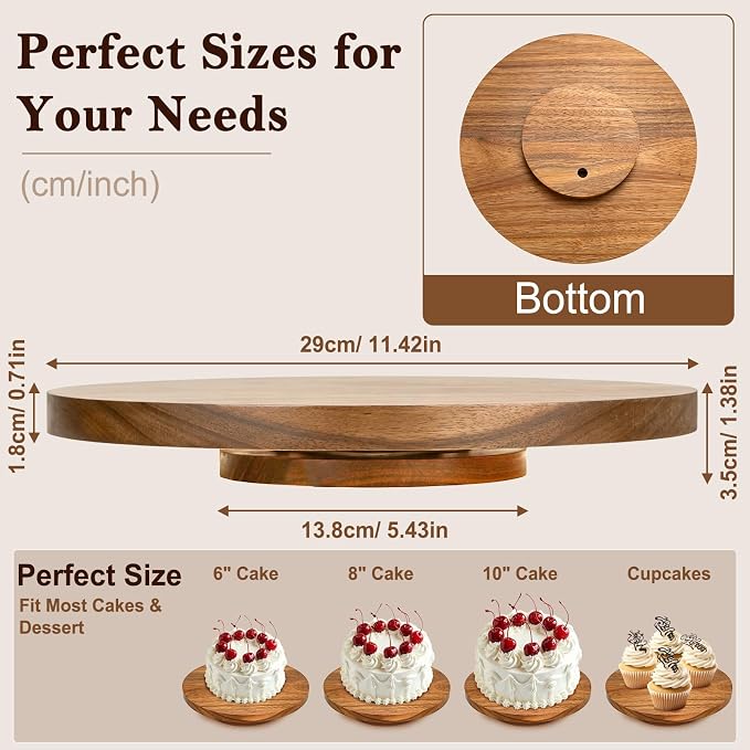 Qinzave Wooden Cake Stand, 11.4 Inch Acacia Wood Rotating Cake Turntable with Smooth 360° Rotation for Cake Decorating, Serving Cakes, Cheese and Desserts