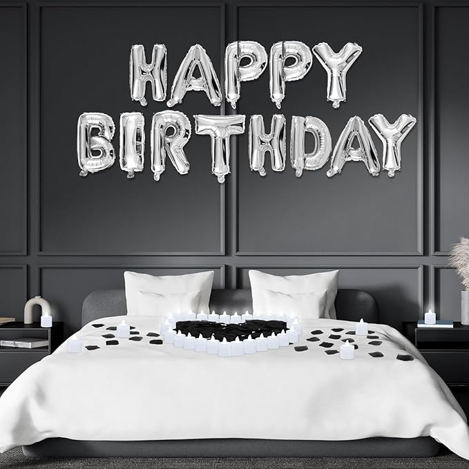 Black and Silver Happy Birthday Balloons Decorations Happy Birthday Letter Balloons Banner with 24pcs Flameless LED Candles and 2000pcs Artificial Rose Petals for Women Men Room Party Decor
