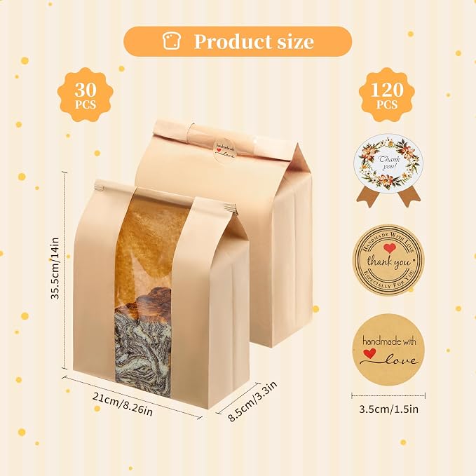 30 Pack Kraft Paper Bread Loaf Bags with Tin Tie Tab Lock, for Homemade Bread Loaf Bags 14" x 8.3" x 3.5", Sourdough Bread Bags with Clear Front Window for Baked Food Storage (30 Pack) | 30 Pack Bread Bags