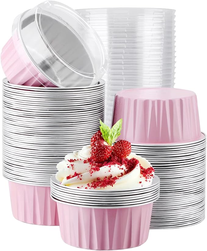 EUSOAR Cupcake Liners, 5oz 100pcs Aluminum Foil Cupcake Liners, Muffin Liners Cups with Lids, Disposable Aluminum Foil Cupcake Baking Cups Holders Cases Boxes Pans with Lids