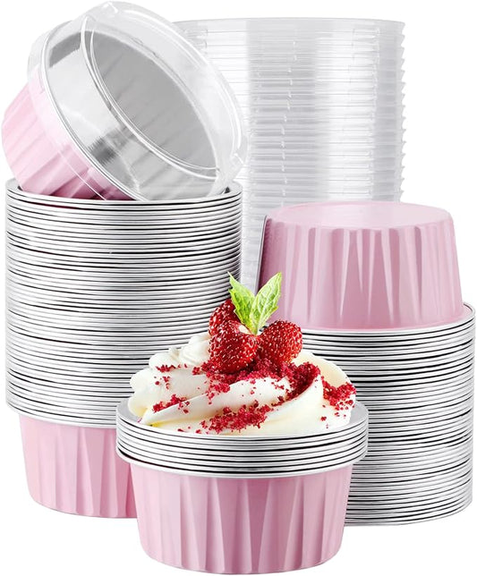 EUSOAR Cupcake Liners, 5oz 100pcs Aluminum Foil Cupcake Liners, Muffin Liners Cups with Lids, Disposable Aluminum Foil Cupcake Baking Cups Holders Cases Boxes Pans with Lids