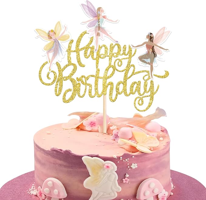 Rsstarxi 1 Pack Fairy Happy Birthday Cake Topper Floral Fairies Cake Pick Garden Fairy Cake Decorations for Fairy Theme Birthday Baby Shower Party Decorations Gold