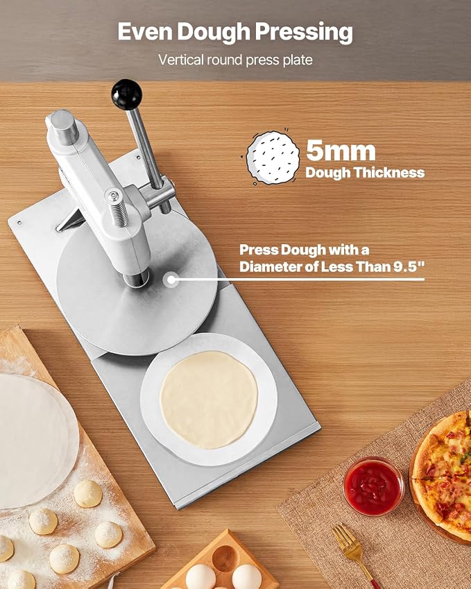 VEVOR Manual Pizza Dough Press Machine, 9.5 inch Pizza Pastry Press Plate, Stainless Steel Bread Presser, Commercial Chapati Sheet Crust Maker, Forming Machine with Handle and 100 Pcs Parchment Paper