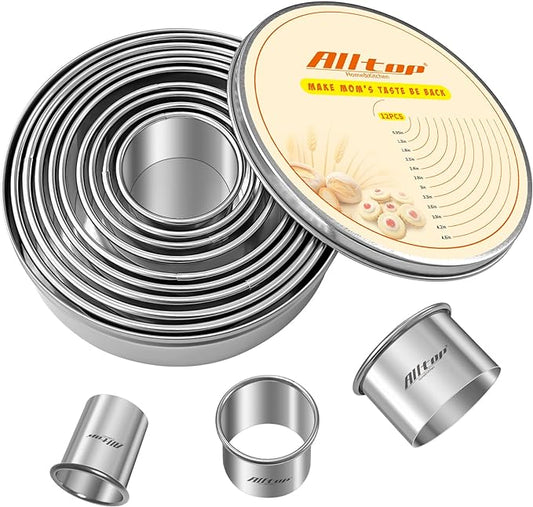 ALLTOP 12 Pcs Round Biscuit Cutter - Stainless Steel Baking Essential Tool for Effortless Circle Cookie Shaping,Pastry,Cake Decoration&Fondant Creation – Precise Cut Utensil for Dumpling,Scone, Donut