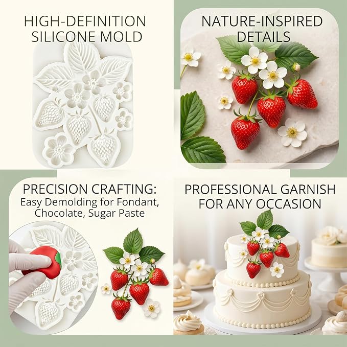 1Pc Strawberry Silicone Mold 3D Flower Leaf Fruit Fondant Baking Molds for Cake Decorating Cupcake Topper Candy Candle Clay Ice Cream Soap Wax Chocolate Gum Paste Pastry Birthday Wedding