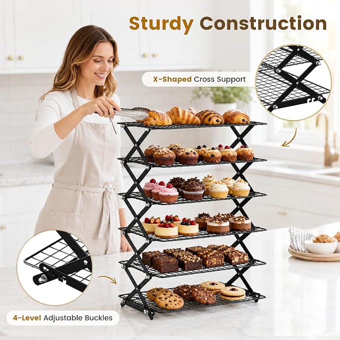 6 Tier Collapsible Cooling Rack for Baking Cookies Bread Barbecue | Include 50 Baking Papers, 4-Level Adjustable Height, 3 Setting Design, Stackable Roasting Rack, X-Shaped Structure
