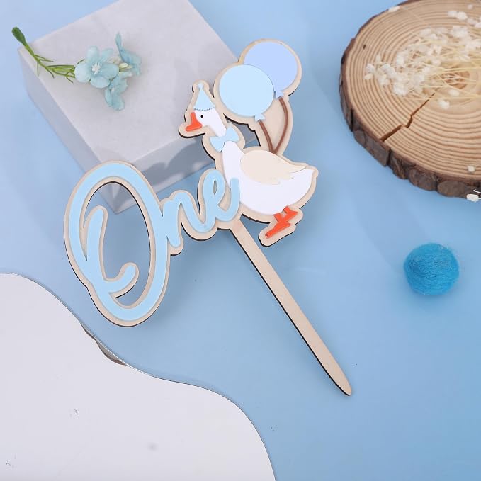 Wooden One Silly Goose 1st Birthday Cake Topper - Silly Goose First Birthday Decorations,Baby Girl 1st Party Decor (blue)