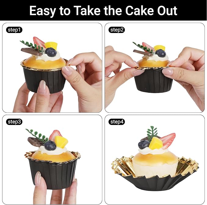 EUSOAR Foil Cupcake Liners, 3.5oz 50pcs Black Gold Disposable Mini Muffin Liners, Individual Aluminum Dessert Pudding Ramekin Cupcake Baking Cups Containers Tin for Wedding Birthday Bakery Party