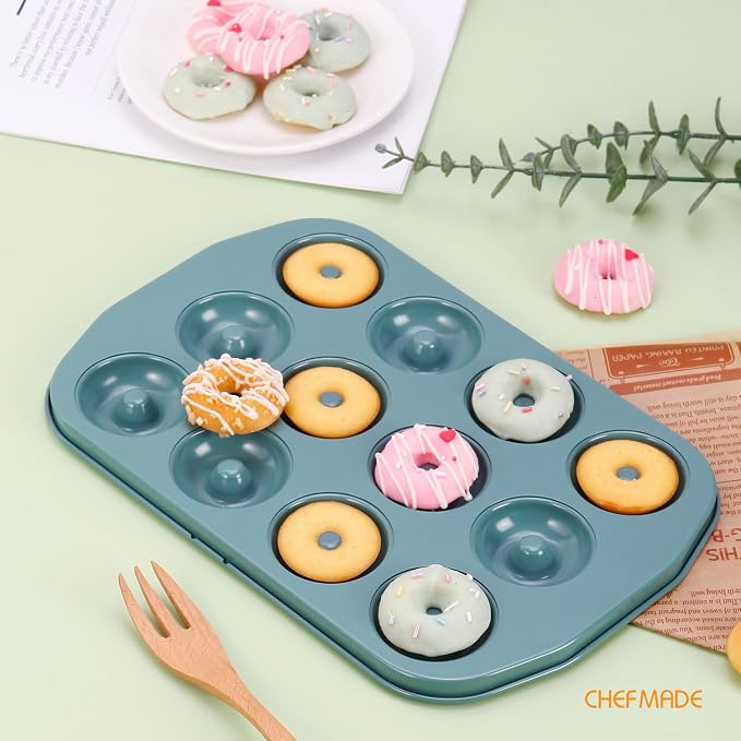 CHEFMADE Mini Donut Pan, Nonstick 12-Cavity Carbon Steel for Baking | Ring Donut Pan for Baking, Bagel Pan Bakeware. Nonstick steel, even heat to 428°F. PTFE/PFOA free. Easy clean (Green)