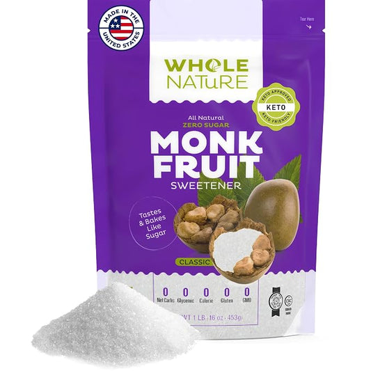 Whole Nature 1lb Monk Fruit Sweetener 1:1 Baking Sugar Substitute Made in the USA – Granulated Blend With Erythritol – Zero Calorie – Keto – Paleo – Non-GMO – Kosher - Natural Alternative – 16 oz Pouch