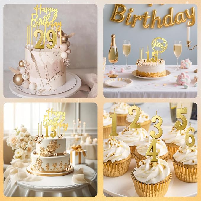Gold Ball Cake Topper 34Pcs Happy Birthday Cake Toppers Birthday Candles DIY Cake Decorations with Numbers 0-9 for Men Women Wedding Anniversary