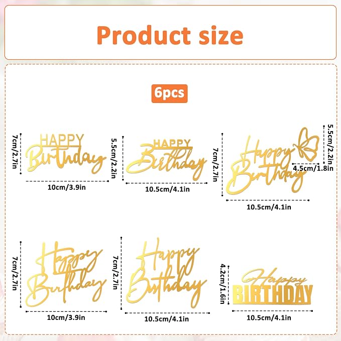 6 Pcs Flat Cake Toppers Gold Happy Birthday Cakes Topper Acrylic Cakes Inserts Flat Happy Birthday Decoration Sign Side Mirror for DIY Party Decorating Supplies