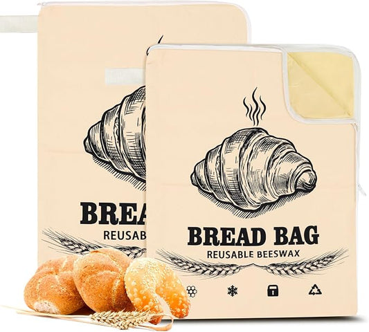 2 Pack Wide Zipper Access Beeswax Bread Bags for Sourdough Bread, Reusable Organic Linen Beeswax Bread Bag for Homemade Sourdough for Homemade Bag to Keep Fresh Longer, Kitchen Storage (Beige)