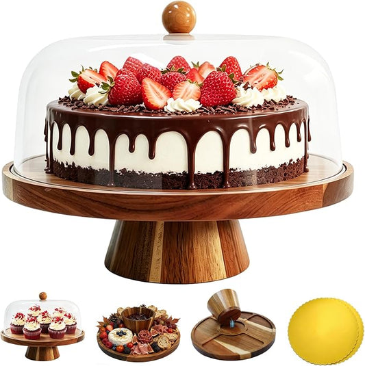 Acacia Wood Cake Stand with Lid, 11.42-inch Round Footed Display, 2-in-1 Reversible Design for Cupcakes, Charcuterie, Fruit Snacks, Weddings, Parties, Birthdays, Daily Home & Kitchen Decor