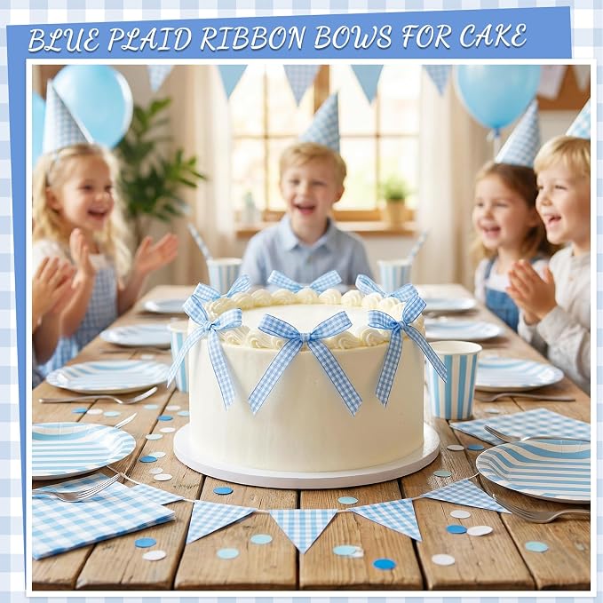 30 Pack Bow Cake Toppers Blue Gingham Ribbons Bows for Cake Bow Cupcake Toppers Blue Gingham Bow Birthday Decorations for Baby Shower Birthday Wedding Party Supplies