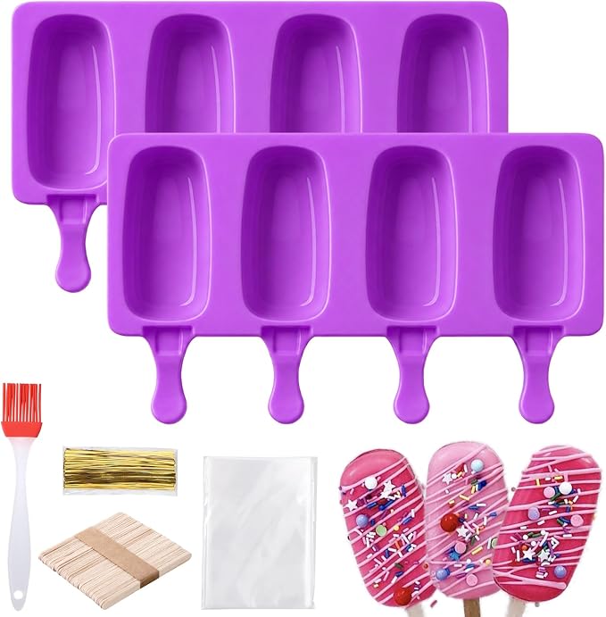 Juome Cake Pop Mold Kit, 2 Pack 8 Cavities Cakesicle Molds Silicone with 100 Wooden Sticks & 100 Packaging Bags with Ties, Cake Pop Maker Supplies Accessories, Baking Tools for Home Desserts (Purple)