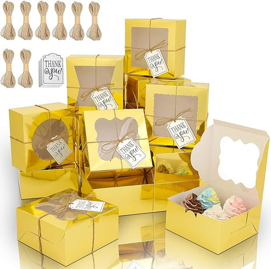 KPOSIYA 65PCS Bakery Boxes with Window 6x6x3 Inches 5 Style Cookie Boxes Small Pastry Boxes for Candy, Dessert, Pastry, Donuts, Birthday Party, Wedding(Gold)